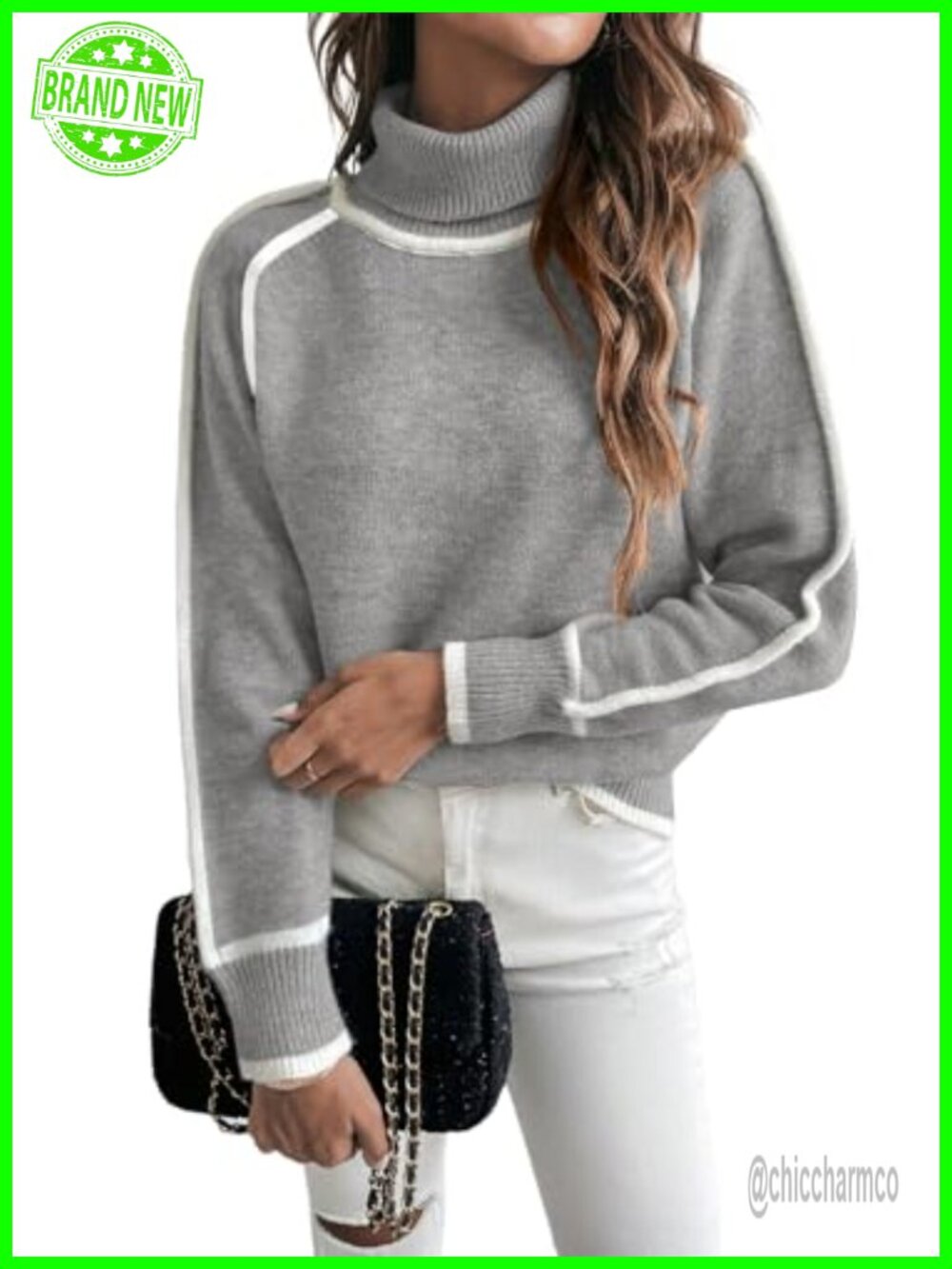 Cozy Turtleneck Sweater Women Fall Winter Loose Fit Color Block Knit